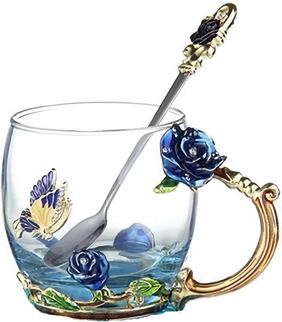 Tea Cup Gifts for Mom Women Mothers Day Glass Coffee Enamels Mug Birthday Butterfly Rose Gifts for Her Valentines Day Christmas Tea Cup with Spoon