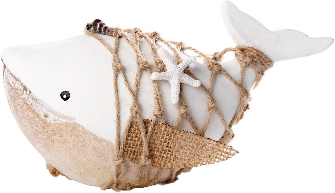 Decorative Wooden Whale Table Decor, White with Jute Net, Nautical Starfish Accent