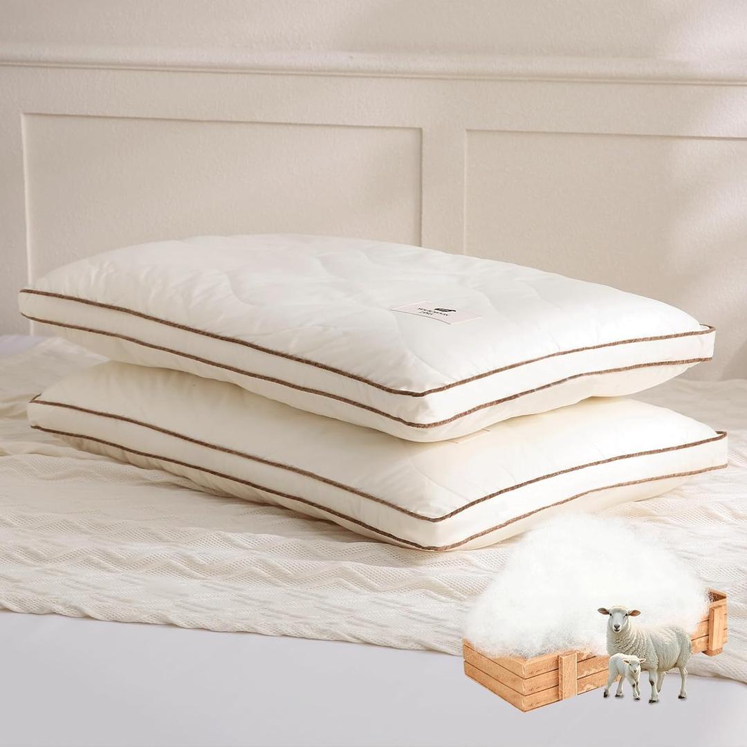 YOUR MOON Soft Organic Wool Pillow Queen Size Set of 2, Flat & Thin Wool Pillow for Sleeping, Low-Loft Bed Pillows for Back and Stomach Sleepers, Breathable Soft Cotton Cover (Off White)