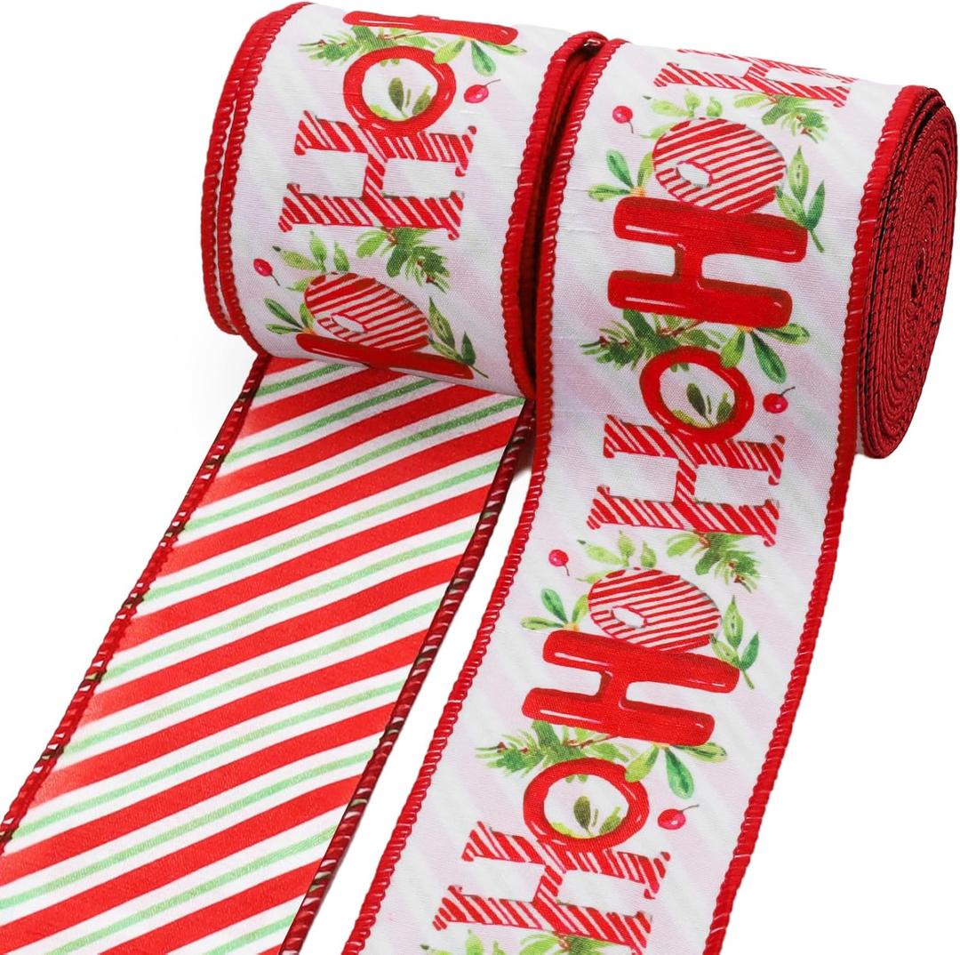 LaRibbons Christmas Wired Ribbon 2.5 inch Double Faced Red HO and Striped Christmas Ribbon for Tree Garland, Wreath Bow, Xmas Crafts Decorations, 2 Rolls 10 Yards Total