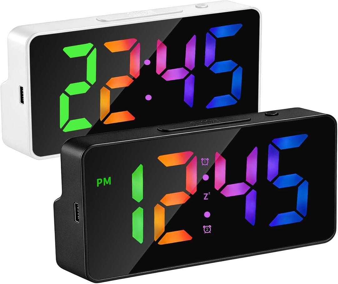 2 Pack Alarm Clock for Bedroom, RGB Digital Clock Large Display, Dual Alarm Clocks for Bedrooms Heavy Sleepers, Plug-in Desk Clock with Temperature, Dimmable Night Mode, Battery Backup(White+Black)