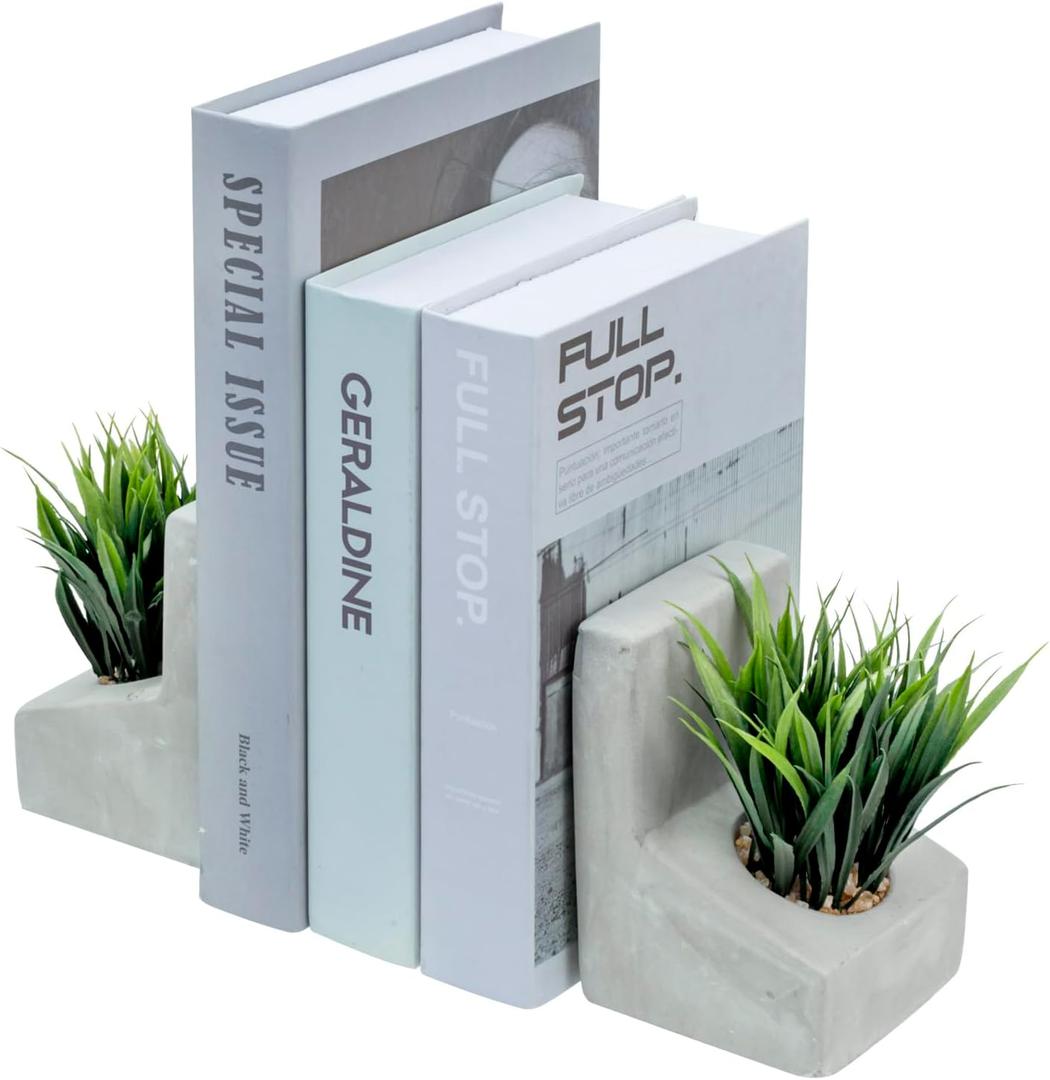 MyGift Decorative Bookends, Heavy Duty Book Ends with Artificial Green Grass Plants, Book Stands for Office Desktop, Bookshelf, Modern Gray Concrete L-Shaped