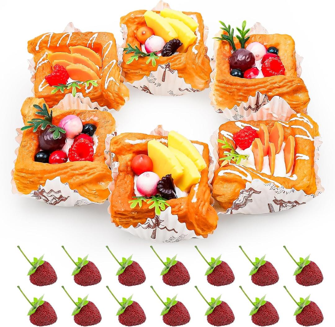 Fake Cupcakes Set,Fake Desserts for Display,20pcs Faux Pastries Dcor Toppers with Fake Strawberries for Display,Realistic Artificial Food for Decoration