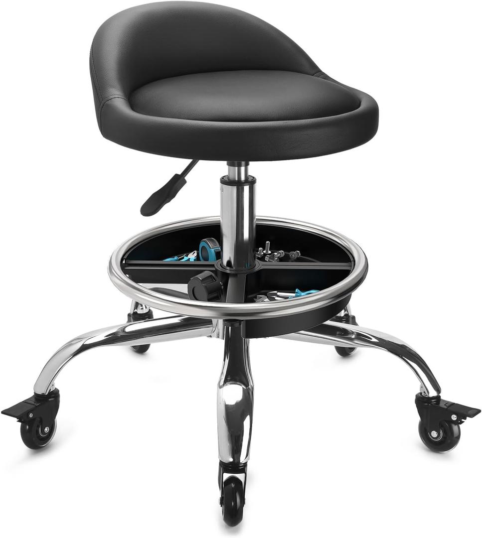 Garage Mechanic Stool Chair, Rolling Workshop Stool with Tool Tray Storage, Height Adjustable Heavy Duty Swivel Task Chair, Mechanic Chair for Garage, Shop, Auto Repair (Style 2)