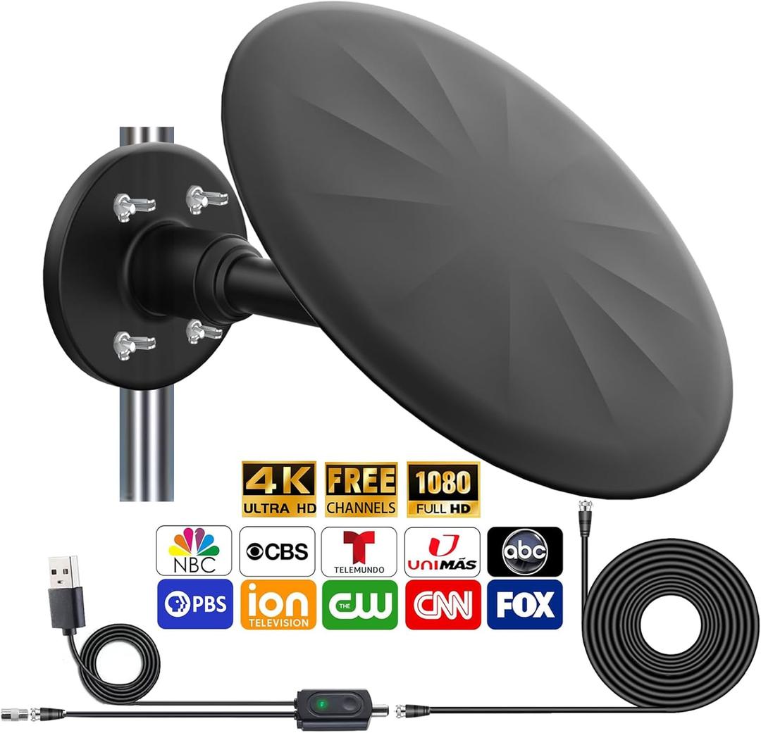 TV Antenna for Smart TV Outdoor, 720° Reception Digital HD Antenna Signal, Support 4k/8k/1080p for Free Local Channels, with Super Signal Booster, 35ft HDTV Cable (2025 Latest) (Large-Black)