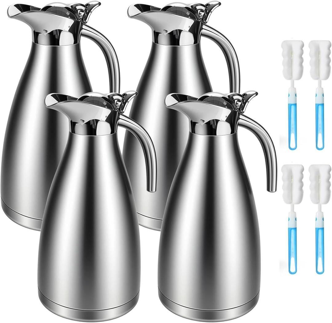 4 PCS 68 Oz Coffee Carafes for Keeping Hot and Cold, Insulated Pitcher Thermal Coffee Carafe with 4 Brushes Stainless Steel Tea Flask Double Walled Vacuum Large Thermos for Hot Drinks, Beverage, Water