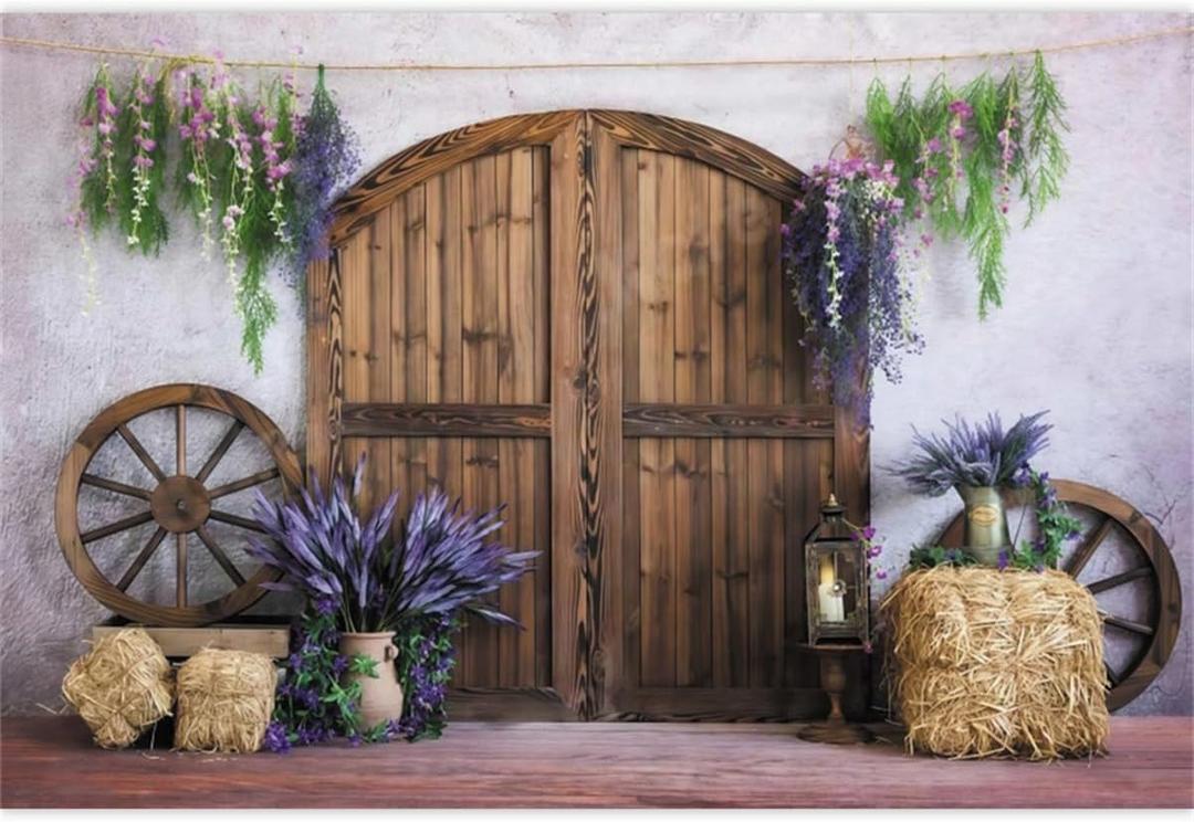 Wooden Barn Door Backdrop 7x5ft Fabric Rustic Birthday Party Decoration Flowers Country Wedding Pictures Background Wood Wheel Hay Bale Photos Western Rural Baby Shower Backdrops