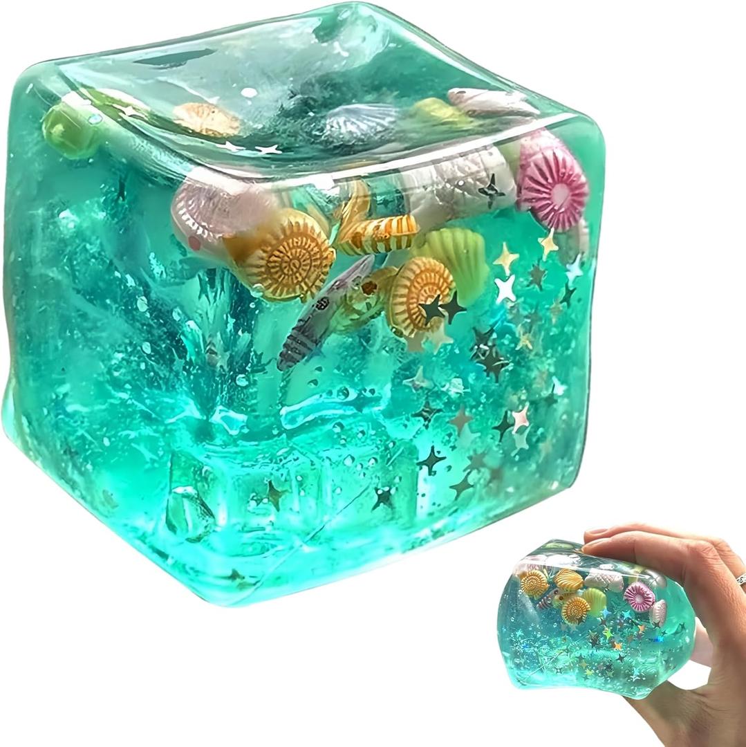 Ice Cube Cube Fidget Toys - Sensory Toys for Kids with Real Sea Shells, Squishy Fidget Toy for Kids & Adults | Non-Toxic Squeeze Ball for Anxiety, Focus & Calm for School, Office, Green