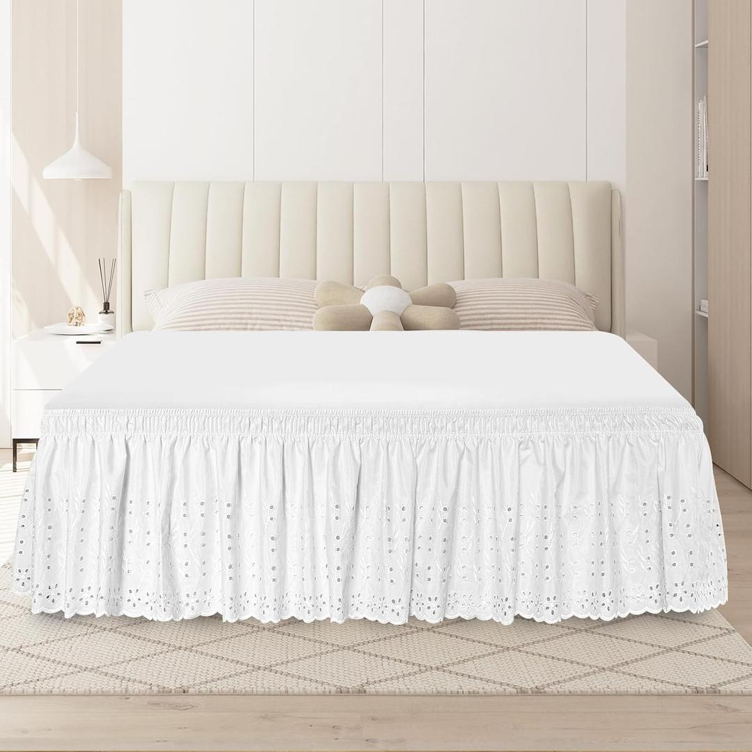 Twin Bed Skirt, Wrap-Around Elastic Ruffled Eyelet Bed Skirt Twin Size Dust Ruffle with Gathered Styling and Embroidered Details, 18" Drop Length (White)