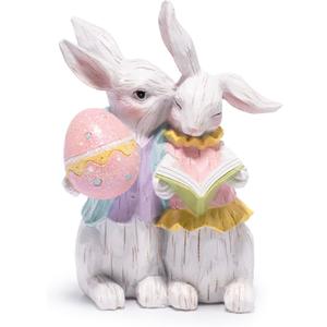 Hodao Easter Bunny Couple Figurine, Romantic Rabbits with Colorful Eggs & Book, Wood Carved Easter Decor, Spring Tabletop Decoration, Sweet Easter Gift for Couples, Family & Home