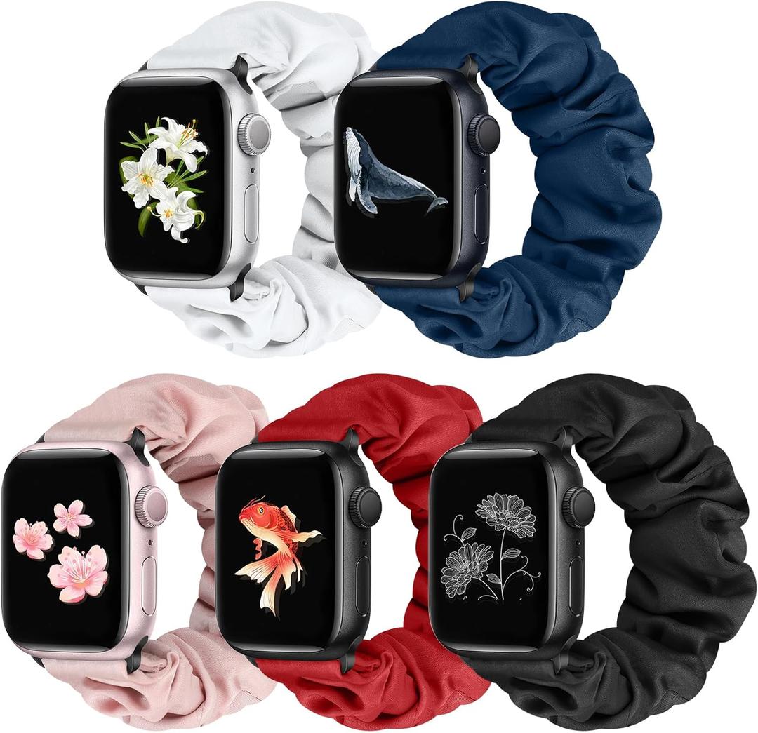 Beatlone Scrunchie Solo Loop Watch Bands Compatible for Apple Watch Band 38mm 40mm 41mm 42mm 44mm 45mm 46mm 49mm Soft Stretchy Women Elastic Strap for iWatch Series 11 10 9 8 7 6 5 4 SE Ultra 3 2 1 (Silver+Dark Blue+Pink Sand+China Red+Black)