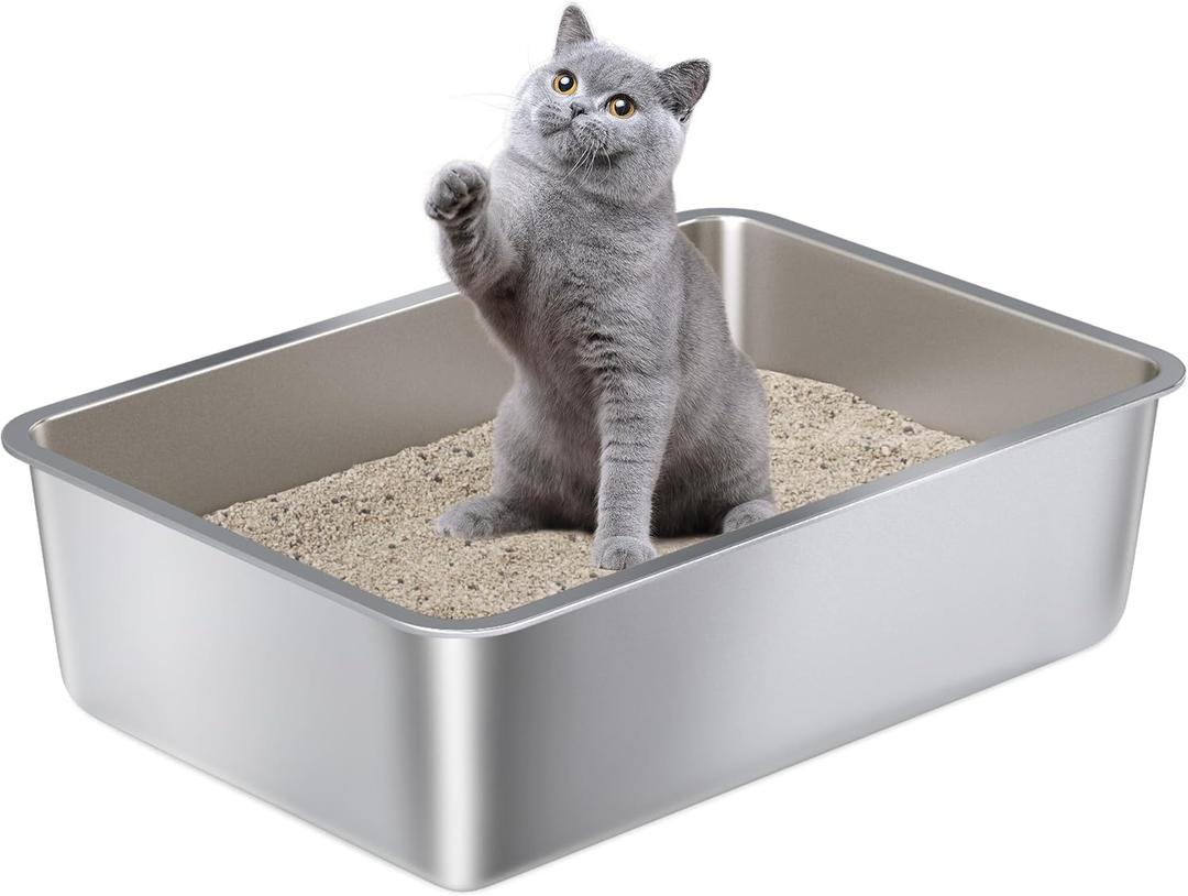Stainless Steel Litter Box Large, Metal Cat Litter Box 6" High Sided, Metal Litterbox, Easy Clean Non Stick No Smell,Cats Litterbox Toilet Pet Supplies for Indoor Kitty, Kitten, Rabbit, Puppy (L-19.7"13.6"6")