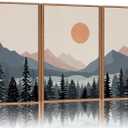Tinonedraw Boho Mountain Framed Canvas Wall Art Set of 3, Watercolor Nature Landscape Art Prints, Modern Sunrise Art Paintings, Black Pines Tree Forest Wall Decor for Living Room Bedroom Office 16"x24"x3
