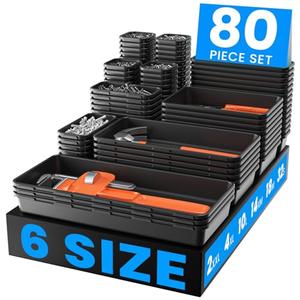 6 Size & 80 PCS Tool Box Organizer Tray Set, Fits 100+ Tools Black Plastic Drawer Divider Desk Drawer Organizer Garage Organization for Rolling Tool Chest Cart Workbench Office Storage