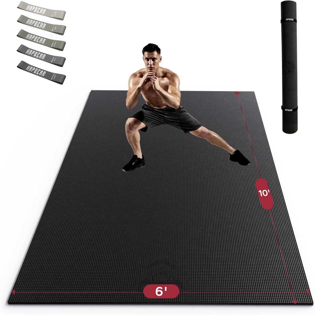 HAPBEAR Extra Large Exercise MatNon-Slip, Ultra Durable, Thick Workout Mats for Home Gym Flooring Cardio, Yoga Mats for Fitness, High-Density Exercise Mat, Shoes-Friendly, Black-High Density 10'×6'×⅓"