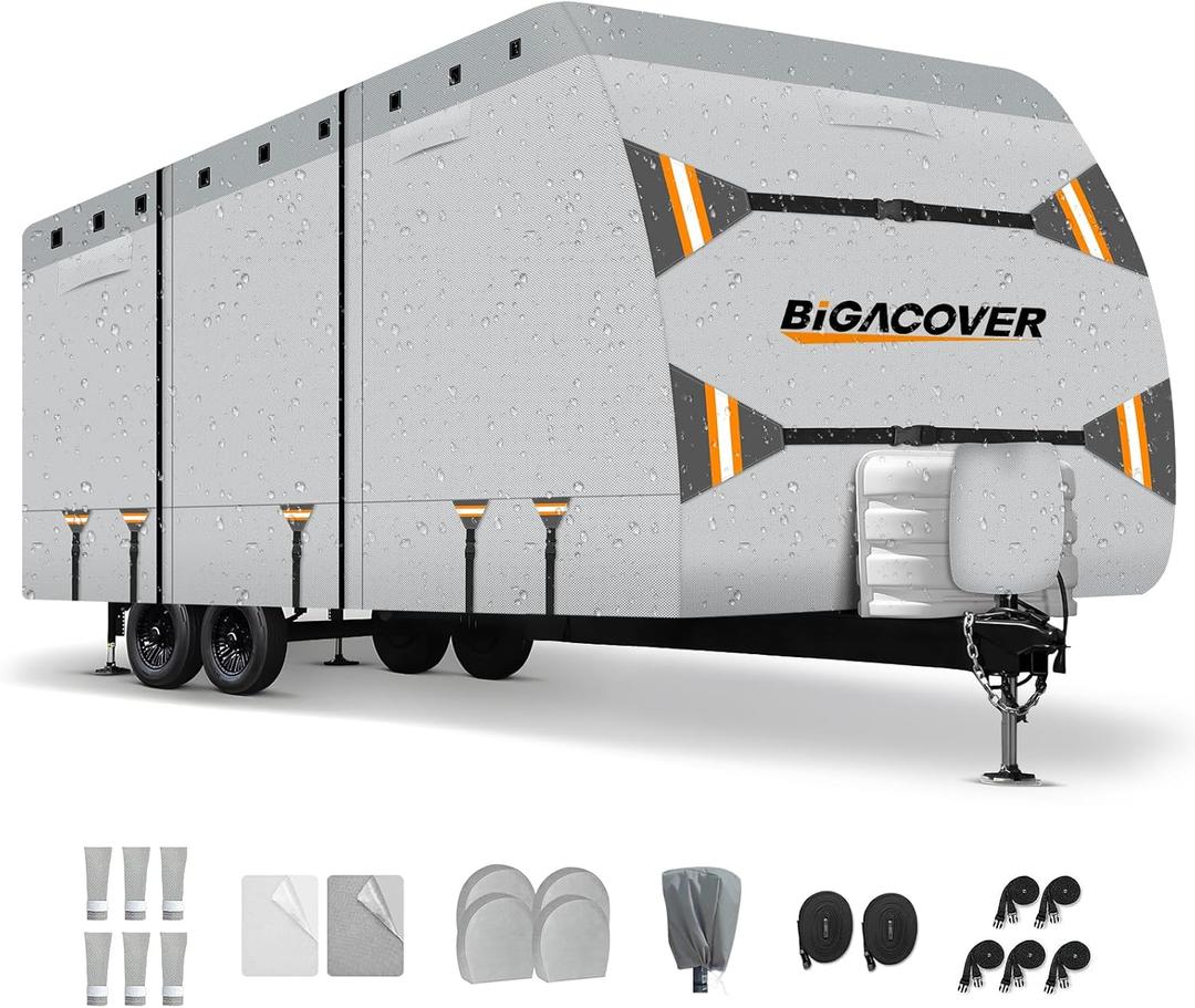 Travel Trailers RV Cover for 22-24 ft, 420D Duty Oxford PU Waterproof UV Proof Protection RV Cover with Side Zipper Windproof Straps, Vents & Travel Trailer Camper Cover Accessories