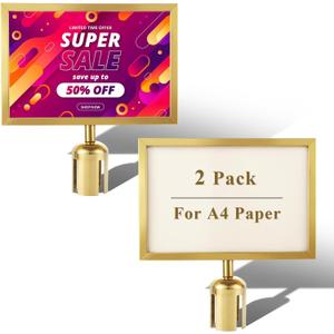 JMIATRY 2PCS Stanchion Sign Holder Landscape Display 8.5 x 11 Inches Paper, Double Sided Sign Frame Stanchion Landscape Top Sign Frame with Cover for Sentry Stanchions, Gold