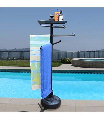 O2COOL Pool & Spa Valet, Adjustable Pool & Patio Towel Holder with Weighted Base, Outdoor Towel Bar, Poolside Table, Black