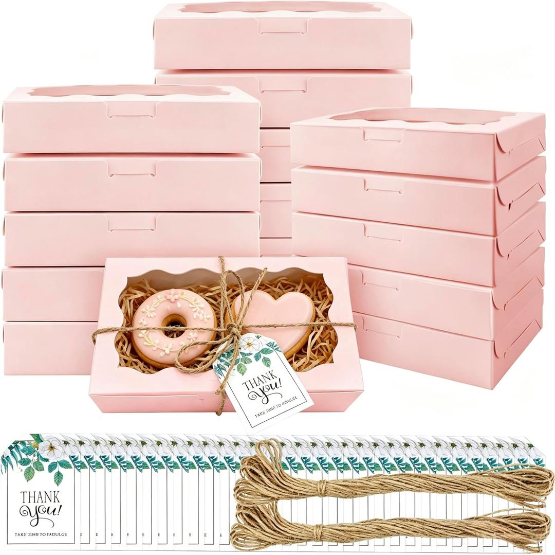 40 Pack Cookie Boxes with Clear Window, 7 x 4 3/8 x 1 Inch Small Pink Kraft Candy Boxes Premium Pastry Boxes with Tags Ropes for Cookie Packaging, Dessert, Donuts, Pie, Cupcakes, Parties