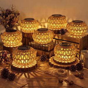 VIHOSE 6 Pack Solar Lantern Outdoor Waterproof Rattan, Flat Round Style