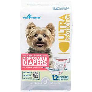 Paw Inspired Disposable Dog Diapers | Female Dog Diapers Ultra Protection | Diapers for Dogs in Heat, Excitable Urination, or Incontinence (12&144 Count) (X-Small (12 Count))