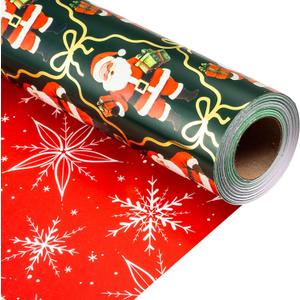 Flyhill Reversible Christmas Wrapping Paper Roll-17 Inch X 33 Feet - Gold Foil with Santa Claus,Fireplace,Christmas Trees Gift wrap Suitable for Chrsitmas, Holiday, Party,Celebration