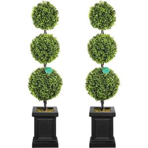 3.5ft Boxwood Outdoor Topiary Set of 2, Tall All Year Green Fake Plant Topiary Trees Artificial Outdoor Porch Trees with Sturdy Pot for Outdoor Indoor (Ball)