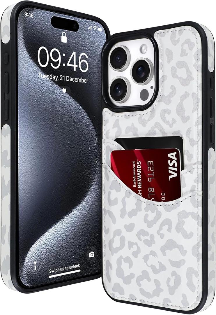 for iPhone 15 Pro Wallet Case with Card Holder Leopard Pattern | Leopard Cheetah Pattern Design Soft PU Leather Anti-Drop Card Slot Full Cover Shockproof Protective for Women Girls, White