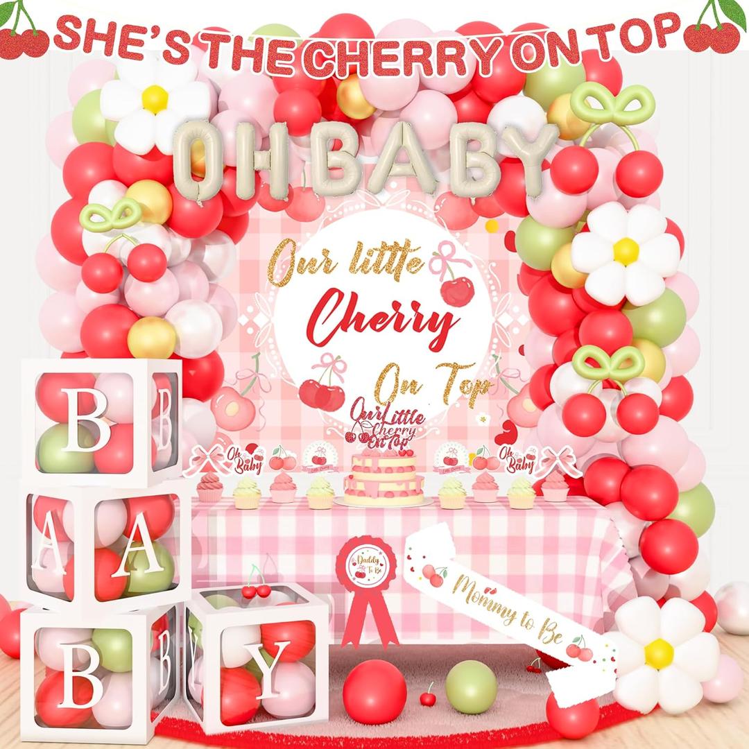 Cherry on Top Baby Shower Decorations Kit, Cherry-Themed Baby Shower Party Decorations for Girl with Balloon Garland Backdrop Tablecloth Boxes Sash for Baby Girl Baby Shower