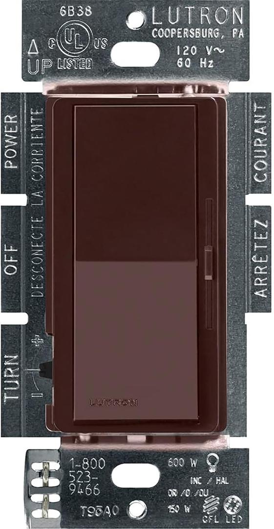 Lutron Diva LED+ Dimmer Light Switch for Dimmable LED, Halogen, and Incandescent Bulbs, 150 Watt, Single-Pole or 3-Way, DVCL-153P-BR, Brown