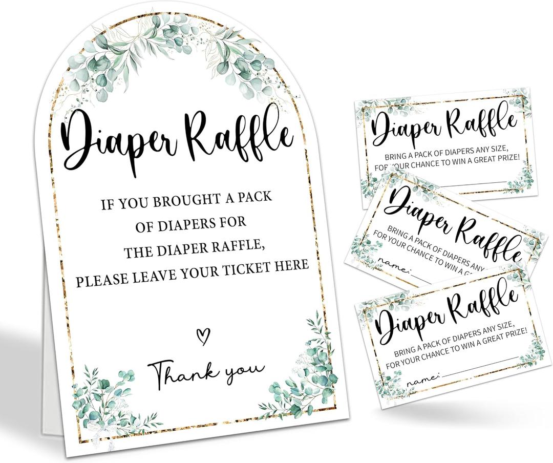 2 x 7x10 Inches Diaper Raffle Sign & 50 Cards - Diaper Raffle Tickets For Baby Shower Games - Greenery Arch Stand Sign Baby Shower Decorations & Supplies - Gender Reveal Games - A04