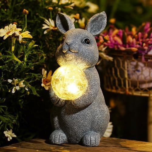 Tiejiajiang Solar Garden Outdoor Statues Bunny with Gazing Ball - Outdoor Decor Garden Rabbit Statue for Patio, Balcony, Yard, Lawn Ornament - Unique Housewarming Gifts
