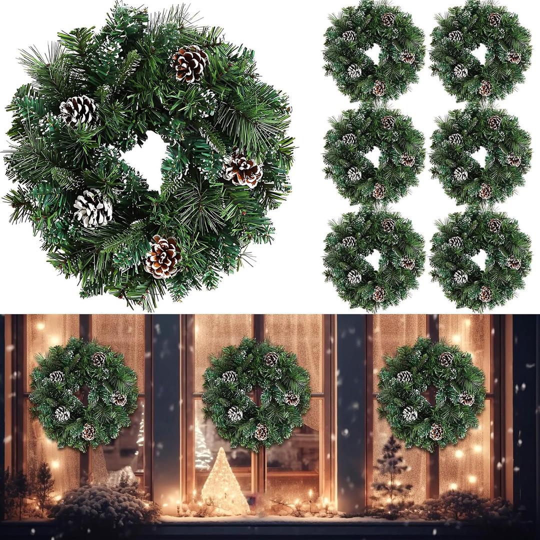 8 Pack 12" Christmas Wreath Decorations for Front Door Window Mini Xmas Pine Needle Wreath Farmhouse Decor Artificial Hanging Garlands for Chair Holiday Wall Indoor Outdoor Christmas Party