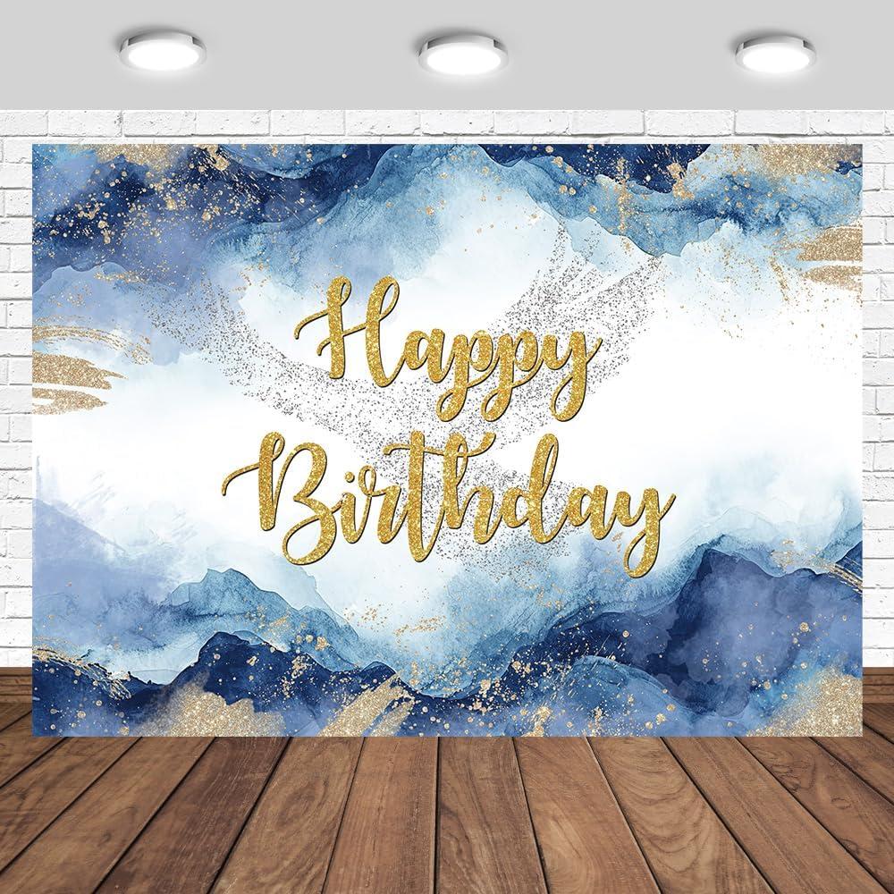 Blue and Gold Happy Birthday Backdrop 7x5ft Eagle Pattern Decorations Navy Golden Ink Texture Abstract Watercolor Photography Background Men Bday Party Photo Studio Props