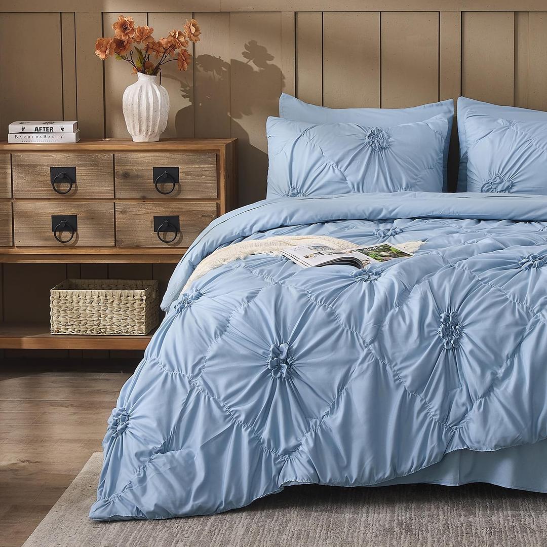 Sky Blue Comforter Set King Size Bed in A Bag 7 Piece Pinch Pleat Bedding Set, Pintuck Ruched Flowers Bed Set with Comforter, Sheets, Pillowcases & Shams