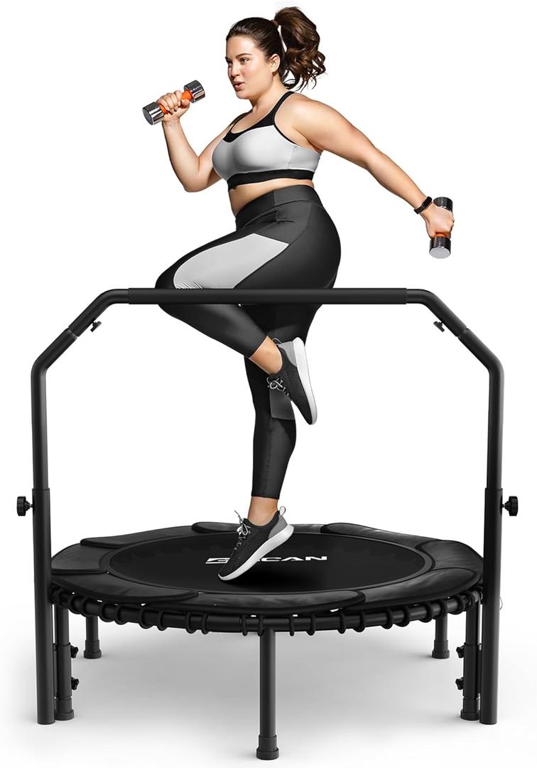 BCAN 450/550 LBS Foldable Mini Trampoline, 40"/48" Adult Fitness Trampoline with Bungees, U Shape Adjustable Foam Handle, Stable & Quiet Exercise Rebounder,Indoor/Outdoor Workout (40IN, 40-BLACK)