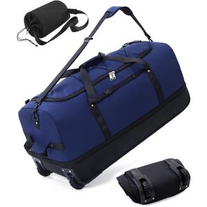 CONTAIL 32 Soft-side 110L Expandable 140L Rolling Duffle Bag with 2 Inline Wheels,Convertible Weekend Travel Bag with Bungee-Cord System,Navy