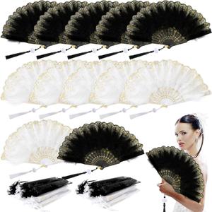 Barydat 12 Sets Marabou Feather Fan Bulk 20s Folding Fan Wedding Party Favor Lace Vintage Embroidered Flapper Costume Women Dancing Party (White, Black)