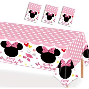 3 Packs Pink Mouse Tablecloth, Pink Polka Dot Table Cloths Disposable Plastic Cartoon Table Covers for Girls 1st 2nd 3rd Party Decorations Supplies, 86.6 x 51.2in