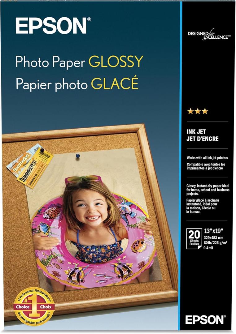 Epson Photo Paper Glossy, 13 x 19 Inches, 20 Sheets (S041143)