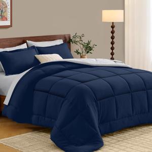 FUANNA Queen Comforter Set 7 Pieces, Reversible Bed in a Bag with All Season Soft Comforter, Bedding Sets Includes Comforter, Flat Sheet, Fitted Sheet, Pillowcases & Shams, Navy Blue & Light Grey (Queen(88"x 88"))