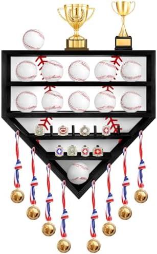 CroBlissful 19" Baseball Holder Display Case Wooden Baseball Ring Holder Championship Ring Trophy Display Shelf for Balls, Medals, Memorabilia