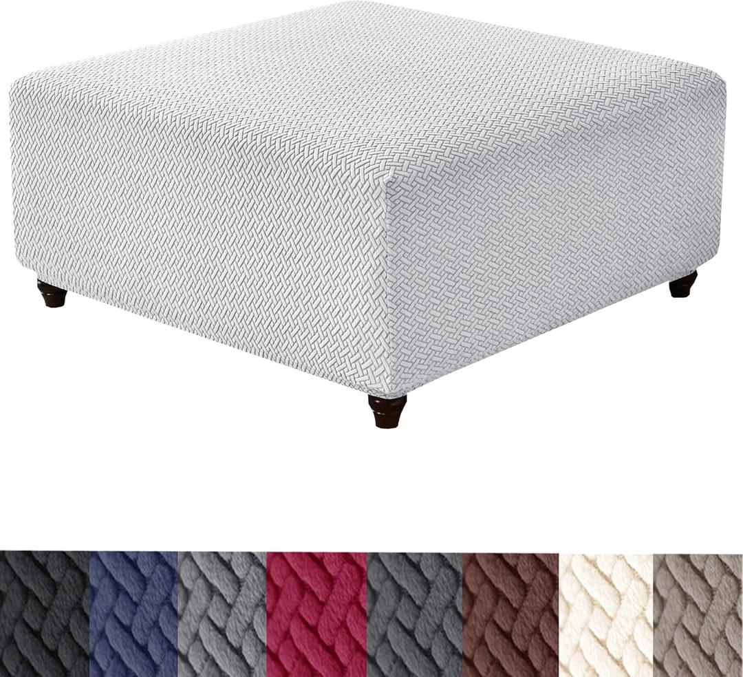 HFCNMY Ottoman Cover,Stretch Knitted Jacquard Square Ottoman Cover Thick Ottoman Slipcover Square Washable Storage Foot Stool Cover with Elastic Bottom White Medium
