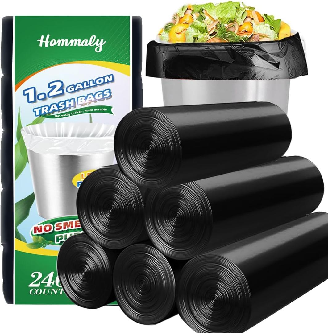 Hommaly 1.2 Gallon 240 pcs Small Black Trash Bags, Strong Garbage Bags, Bathroom Trash Can Bin Liners Unscented, Mini Plastic Bags for Office, Waste Basket Liner, Fit 4.5,5,6 Liters, 0.5,0.8,1,1.2 Gal (240 Count (Pack of 1), 1.2Gal Black)