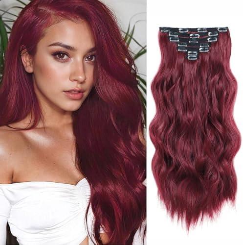 Clip in Hair Extensions for Women 7PCS Burgundy Long Wavy Curly Hair Extension 20 Inch Natural Synthetic Hair Extension Hairpieces for Daily Use