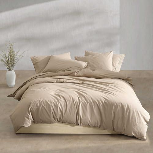 Queen Duvet Cover Set, Modern Cotton Washed Percale Bedding with Matching Shams, (Washed Percale Camel Brown, Queen)