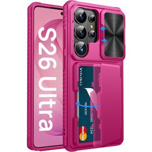Vihibii for Samsung Galaxy S26 Ultra Wallet Case with Card Holder (4 Cards) [RFID Blocking] & Slide Camera Cover, Rugged Hard Back & Silicone Edge Wallet Case for Samsung Galaxy S26 Ultra, Hot Pink