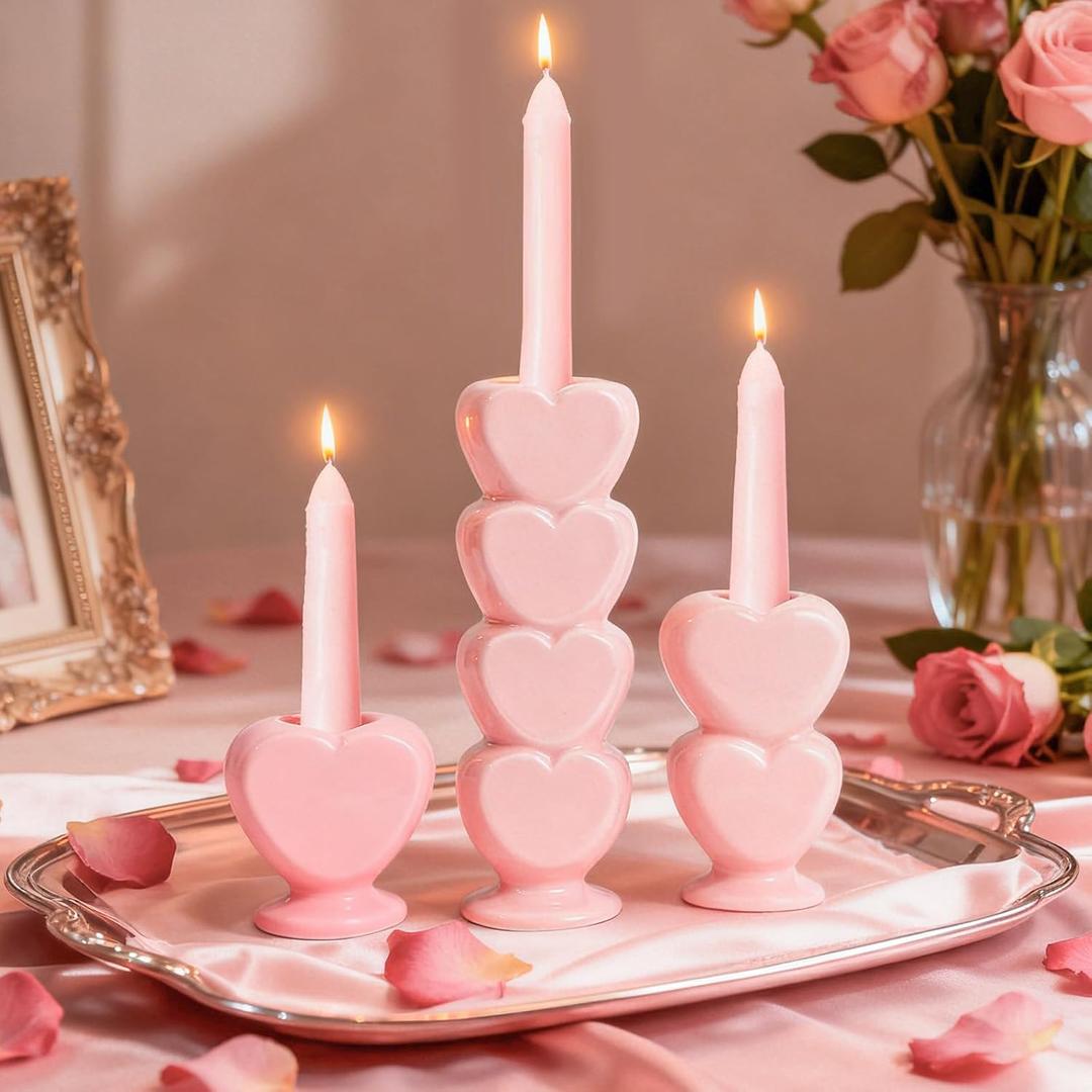 WDS WONDROUS Taper Candle Holder Set of 3 - Valentine's Day Candlestick Holders Wedding Decor, Pink Heart Ceramic Candle Sticks Holders for Table Farmhouse Decor Romantic Housewarming Gift