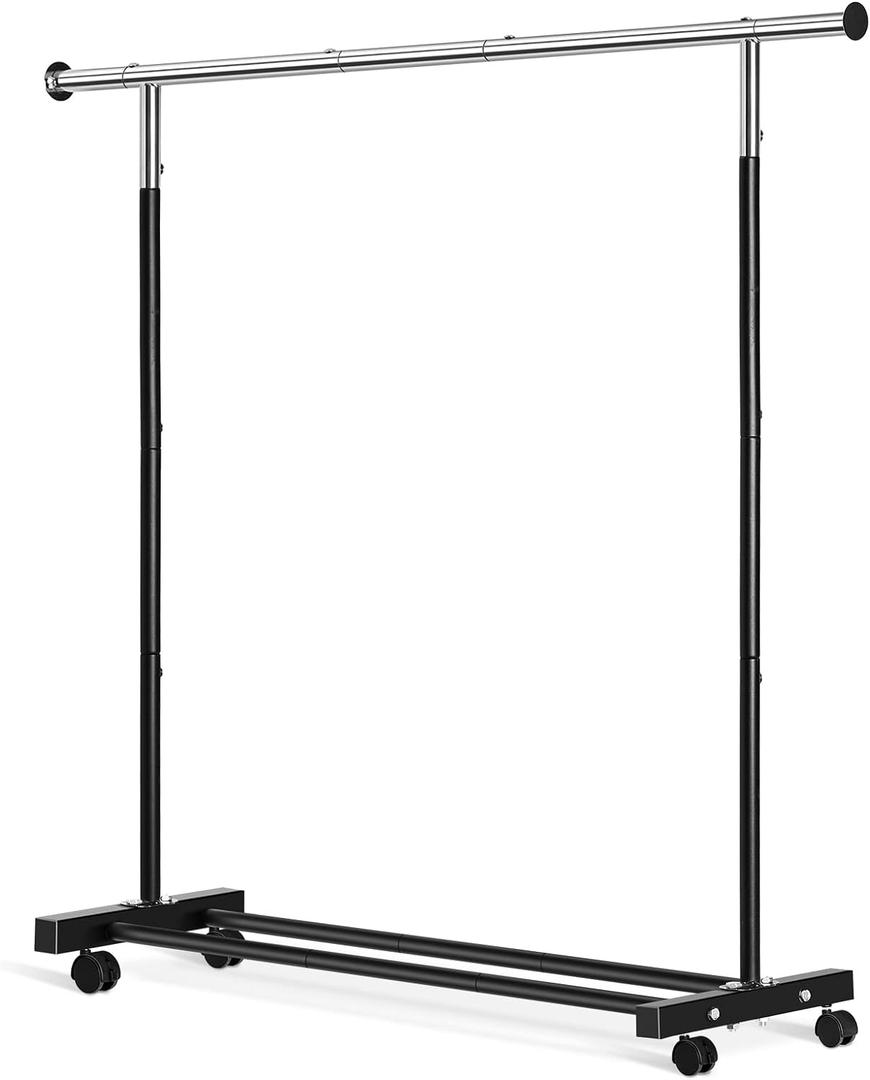Clothing Rack, 55.51 Inch Heavy Duty Clothes Rack Rolling Garment Rack with Wheels and Bottom Shelf, 130LB Capacity Clothes Racks for Hanging Clothes, Coats, Shirts, Sweaters, Skirts, Black (Single)
