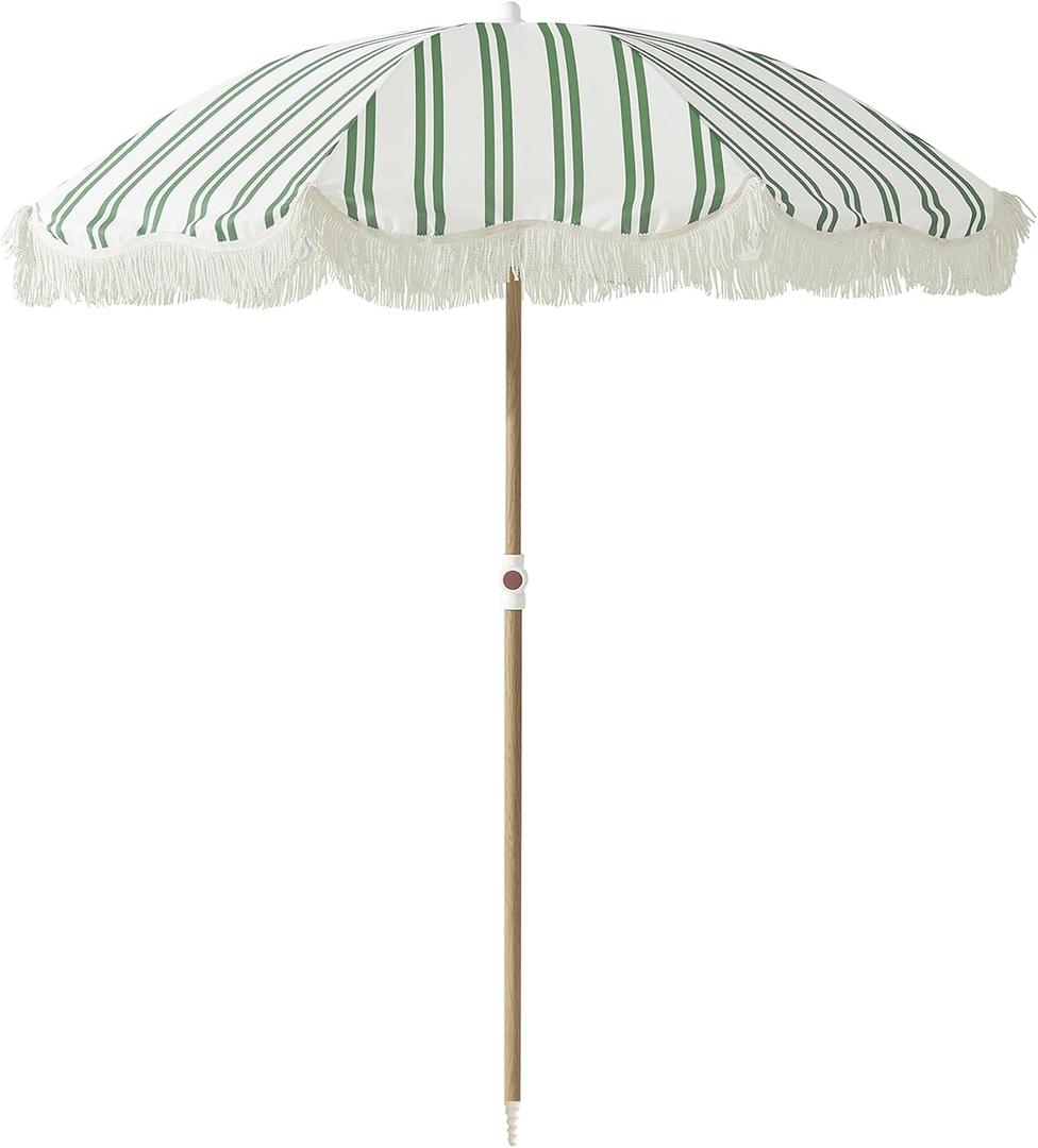 6FT Stripe Fringe Beach Umbrella for Sand with Sand Anchor, UPF 50+ Sun Shade with Tassels, Adjustable Tilt Pole, Portable Coastal Umbrella for Beach & Pool, Heritage Ocean Cypress Stripe